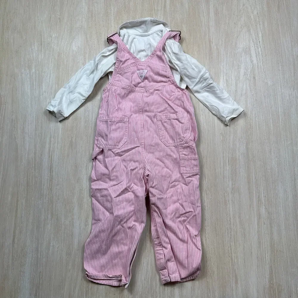 OshKosh Pink Hickory Stripe Overalls Floral Cottagecore Country Outfit Set 24M